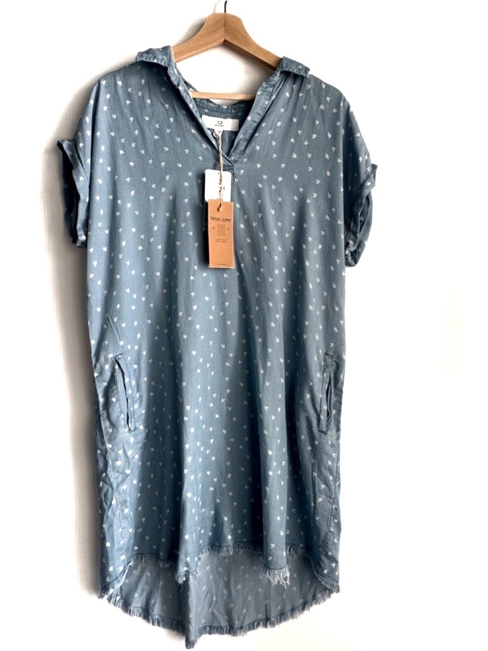 Thread & Supply Blue Mini Dress with Subtle White petal Print
